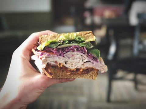 Close-Up Of Hand Holding Sandwich