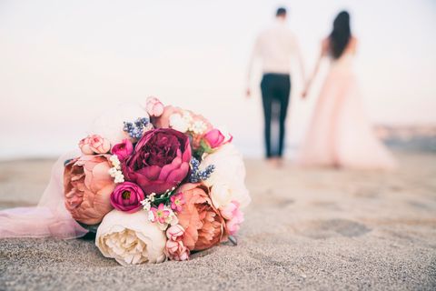 Photograph, Pink, Bride, Dress, Bouquet, Yellow, Flower, Wedding, Ceremony, Garden roses, 