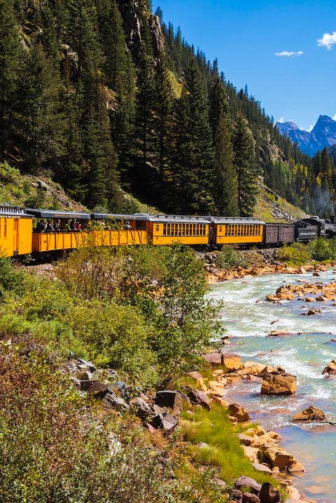 Durango and Silverton Narrow Gauge Railroad on Animas River, San Juan National Forest, Colorado, USA