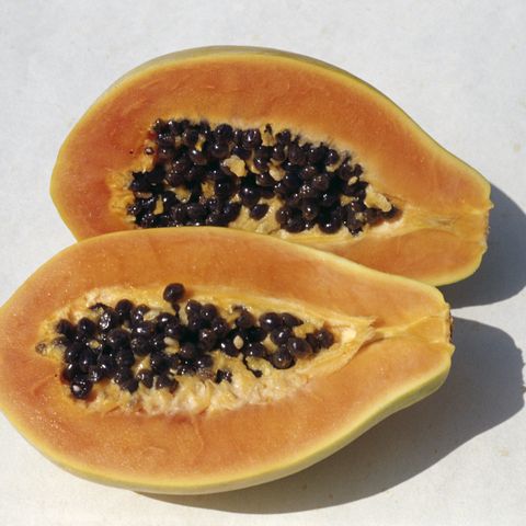 Papaya or Papaw (Carica papaya), cut in cross-section, Caricaceae