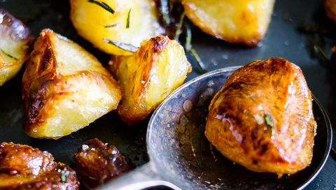 High Angle Close-Up Of Roasted Potatoes
