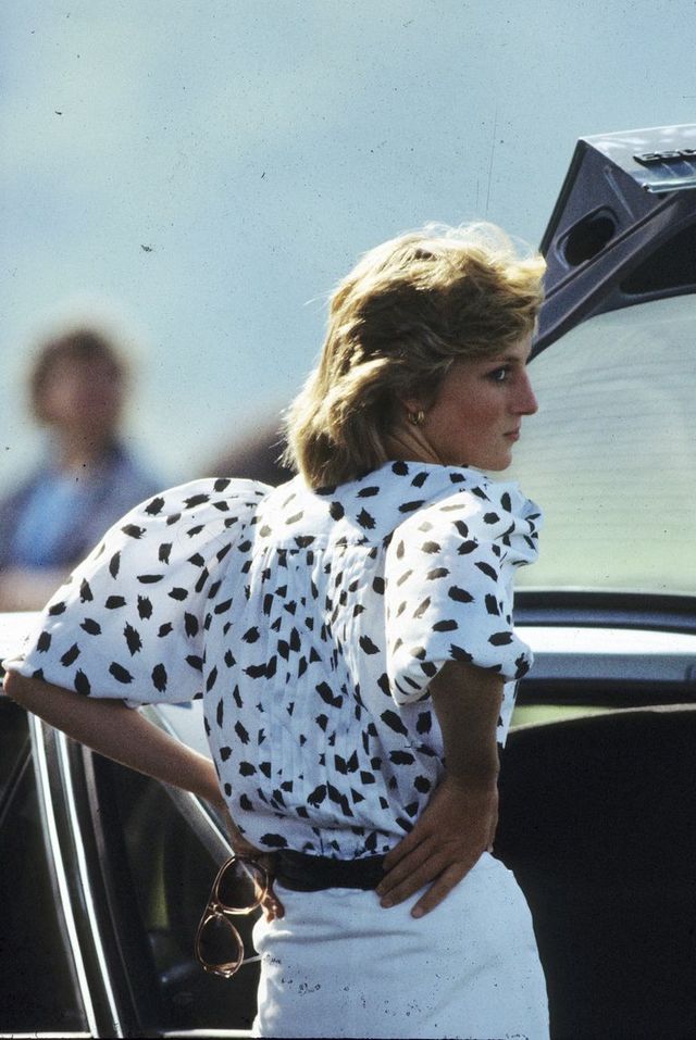 england   june  princess diana, princess of wales attends a polo match wearing black and white blouse in june, 1983 in england  photo by anwar husseinwireimage