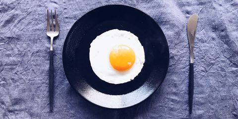 directly above shot of fried egg in plate on table