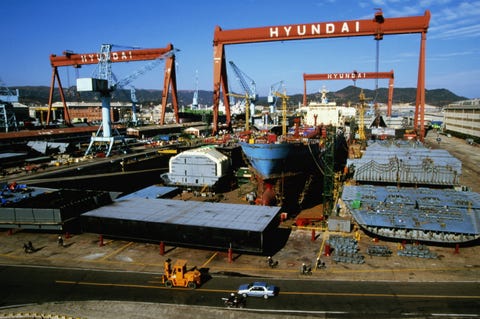 Korea, Ulsan, Hyundai shipyard, elevated view