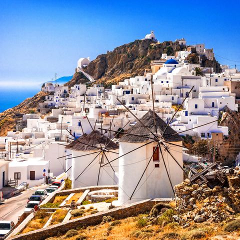 Serifos island, view of Chora village and windmills. Greece, Cyclades