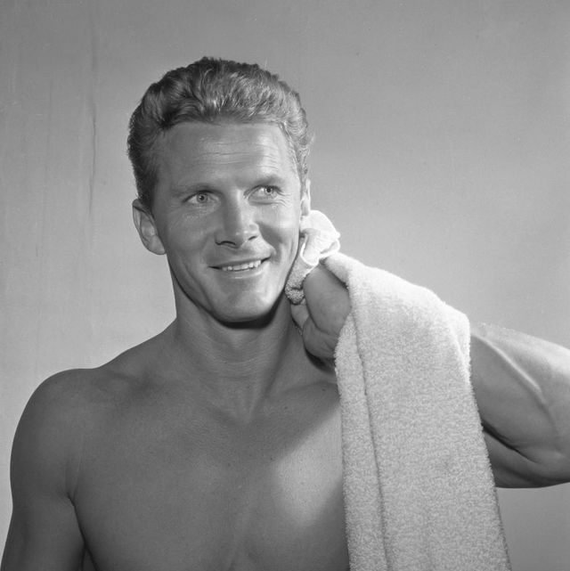 shirtless american actor steve forrest dries off with a towel in a scene from an episode of the schlitz playhouse of stars entitled the three dollar bill, july 2, 1957 photo by cbs photo archivegetty images