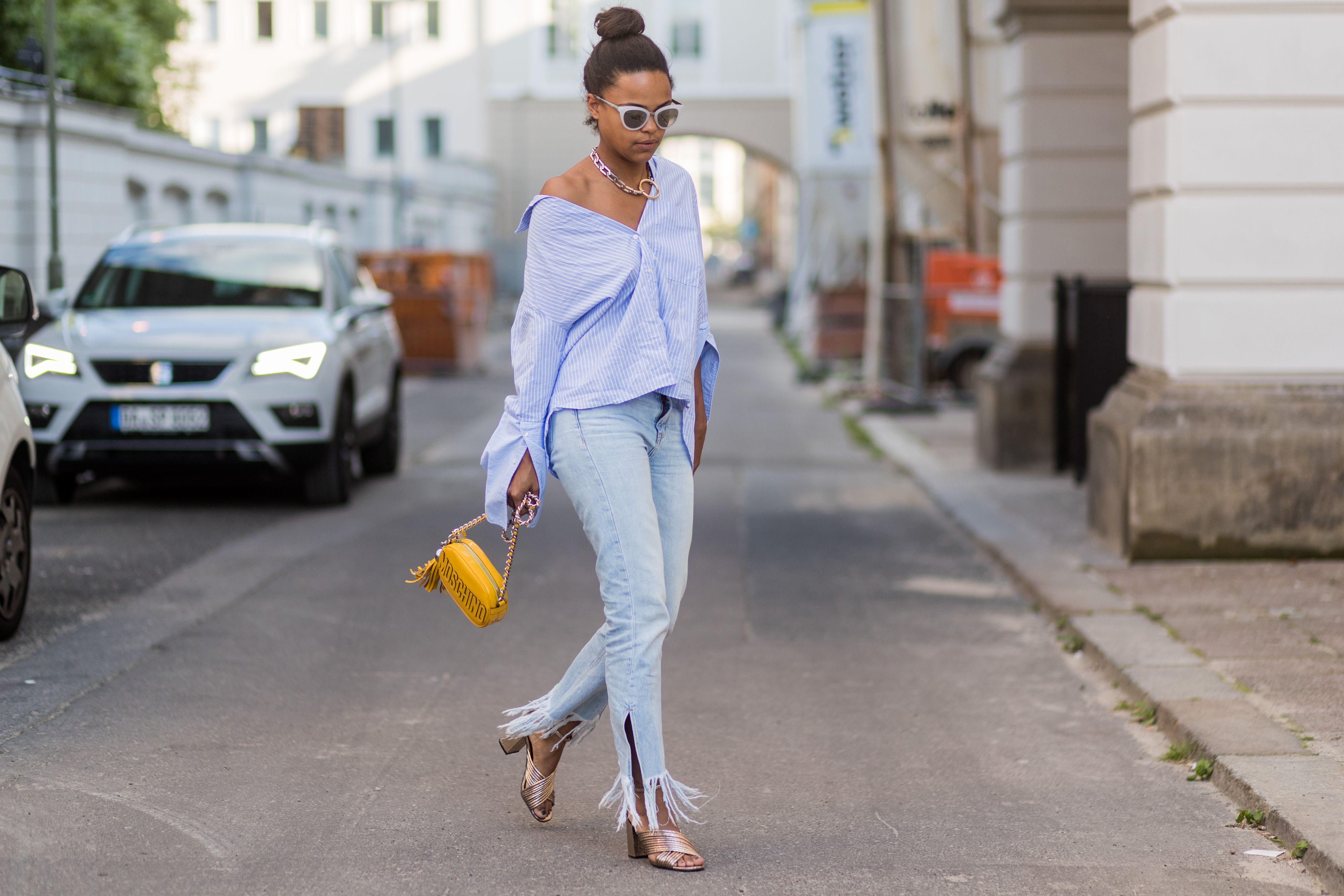 off the shoulder white button down shirt