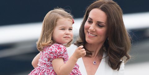 Catherine, Duchess of Cambridge and Princess Charlotte of Cambridge arrive at Warsaw airport during an official visit to Poland and Germany on July 17, 2017 in Warsaw, Poland.