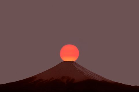 mount fuji, at sunrise, huge sun ball