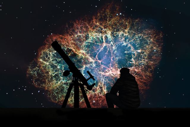 man with telescope looking at the stars crab nebula in constellation taurus supernova core pulsar neutron star