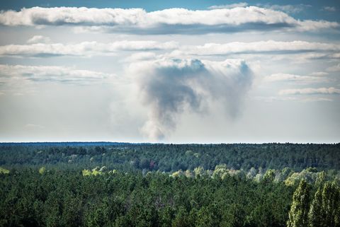 Forest fire smoke in Chernobyl Exclusion Zone, Ukraine