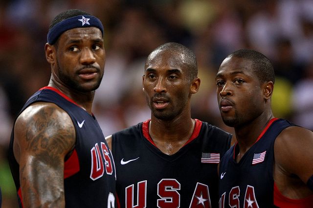 beijing   august 22  l r lebron james, kobe bryant and dwyane wade of the united states compete against argentina during a mens semifinal baketball game at the wukesong indoor stadium on day 14 of the beijing 2008 olympic games on august 22, 2008 in beijing, china  photo by jed jacobsohngetty images