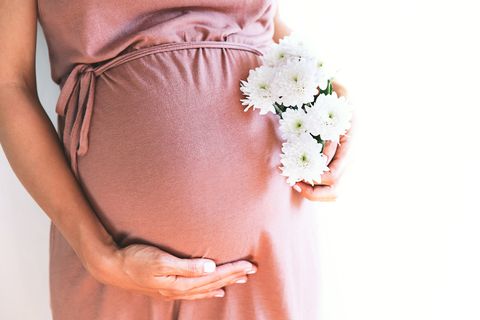 Pregnant woman with chrysanthemums flowers holds hands on belly at white background.