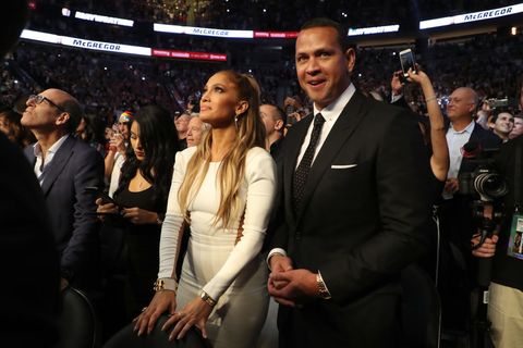  Actress Jennifer Lopez and former MLB player Alex Rodriguez attend the super welterweight boxing match between Floyd Mayweather Jr. and Conor McGregor on August 26, 2017 at T-Mobile Arena in Las Vegas, Nevada