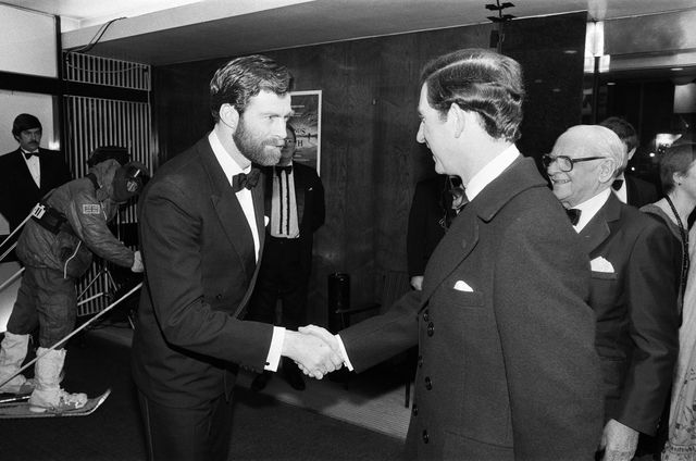 hrh prince charles at the premiere of the film to the ends of the earth, pictured greeting sir ranulph fiennes the film is the story of the three year expedition led by british explorer sir ranulph fiennes, which ended in august 1982 london, 15th february 1983  photo by graham morrisdaily mirrormirrorpixgetty images