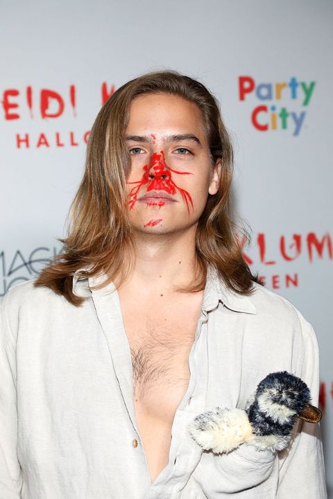 new york, ny   october 31  dylan sprouse dresses as fabio after being hit by a bird as he attends heidi klums 18th annual halloween party presented by party city at the magic hour rooftop bar  lounge on october 31, 2017 in new york city  photo by taylor hillgetty images
