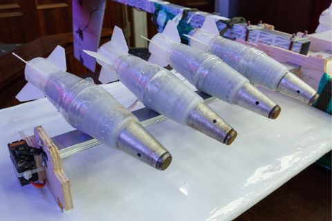 Syrian Rebel drone bomblets made using existing mortar fuses, 3D printed fins and fuse mounting bodies with lots of plastic tape to hold it all together!