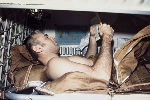 Skylab astronaut Alan Bean sleeping, 1973.