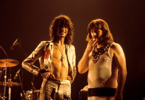 united states   june 01  madison square garden  photo of john bonham and jimmy page and led zeppelin, jimmy page and john bonham, smoking a cigarette on stage  photo by george de sota id 5073478redferns