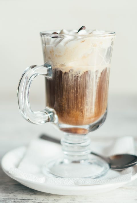 Close-up of an Irish coffee on a wooden table