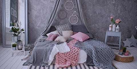 Gray and pink bedroom interior design, bedroom interior, bedding, decoration Gray and pink bedroom interior design, bedroom interior, bedding, decoration