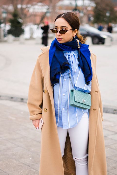 Clothing, Street fashion, White, Blue, Fashion, Pink, Coat, Outerwear, Beauty, Jeans, 