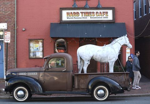 alexandria, va april 20, 2018 a life size plastic horse tied in the bed of a vintage 1947 chevrolet pick up truck parked along an alexandria, virginia, street turns heads photo by robert alexandergetty images