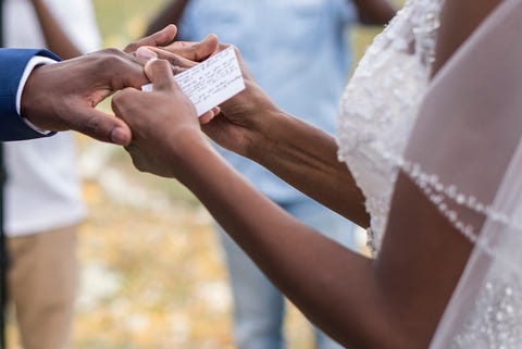 Close-up of Newlywed couple Exchanging Rings at Wedding Ceremony wedding vows