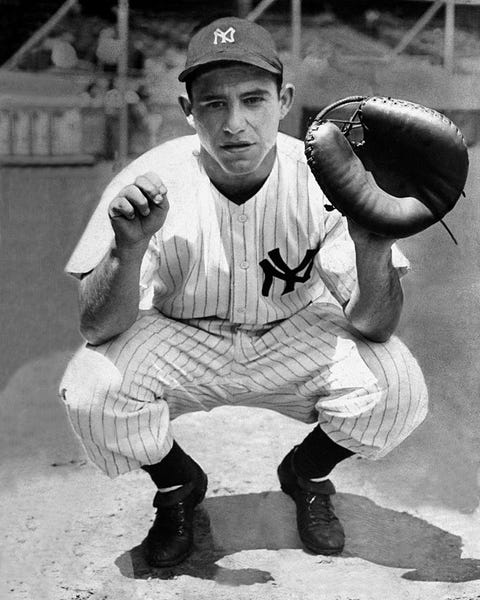 united states   september 07  lawrence peter yogi berra caught on with the yankees in the late 1940s and help joe dimaggio close out his career with three straight world titles in all, berra played on 10 yankee championship teams  photo by ny daily news archive via getty images