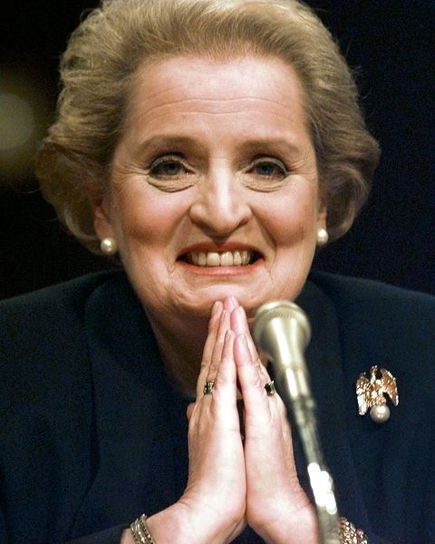 united states   january 08  united states ambassador to the united nations madeleine albright smiles at the senate foreign relations committee hearing on her appointment to be secretary of state  photo by harry hamburgny daily news archive via getty images
