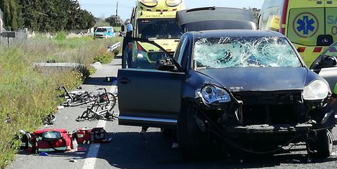 05 april 2018, spain, mallorca, capdepera the vehicle involved in the accident and emergency services at the scene of the accident where a car drove into a group of 15 german cyclists photo biel capodpa photo by biel capopicture alliance via getty images