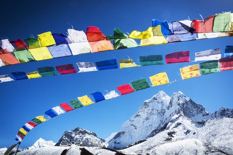 Prayer flags above Ama Dablam, Himalayas, Khumbu Valley, Nepal