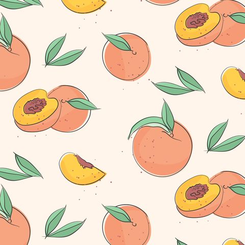 Peach macro fruit with leaves. Tropical nectarine wallpaper, juicy organic food pattern. Vitamin textile cover. Surface background