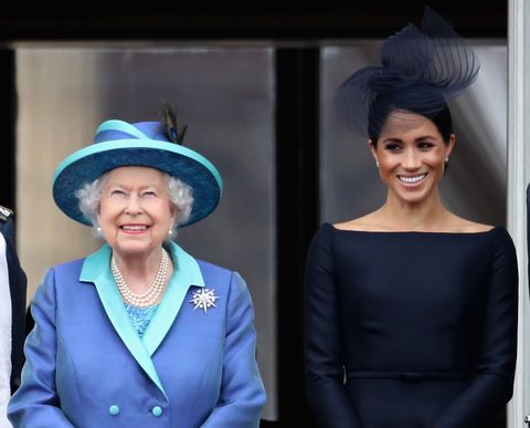 london, england july 10 queen elizabeth ii and meghan, duchess of sussex watch the raf flypast on the balcony of buckingham palace, as members of the royal family attend events to mark the centenary of the raf on july 10, 2018 in london, england photo by chris jacksongetty images
