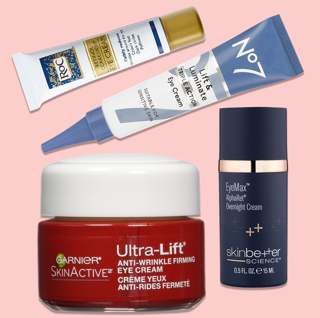 a graphic of the best retinol eye creams as picked by the good housekeeping institute, including retinol eye cream from garnier, no7, roc and skinbetter science
