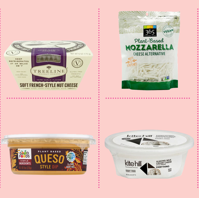 a collage of packaged vegan cheeses selected by good housekeeping