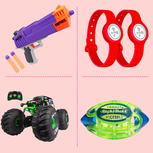outdoor toys for kids including nerf gun, tangle glow in the dark football, flower sprinkler, rc car, flickin chicken, rainbow spray pool and crawl through toy