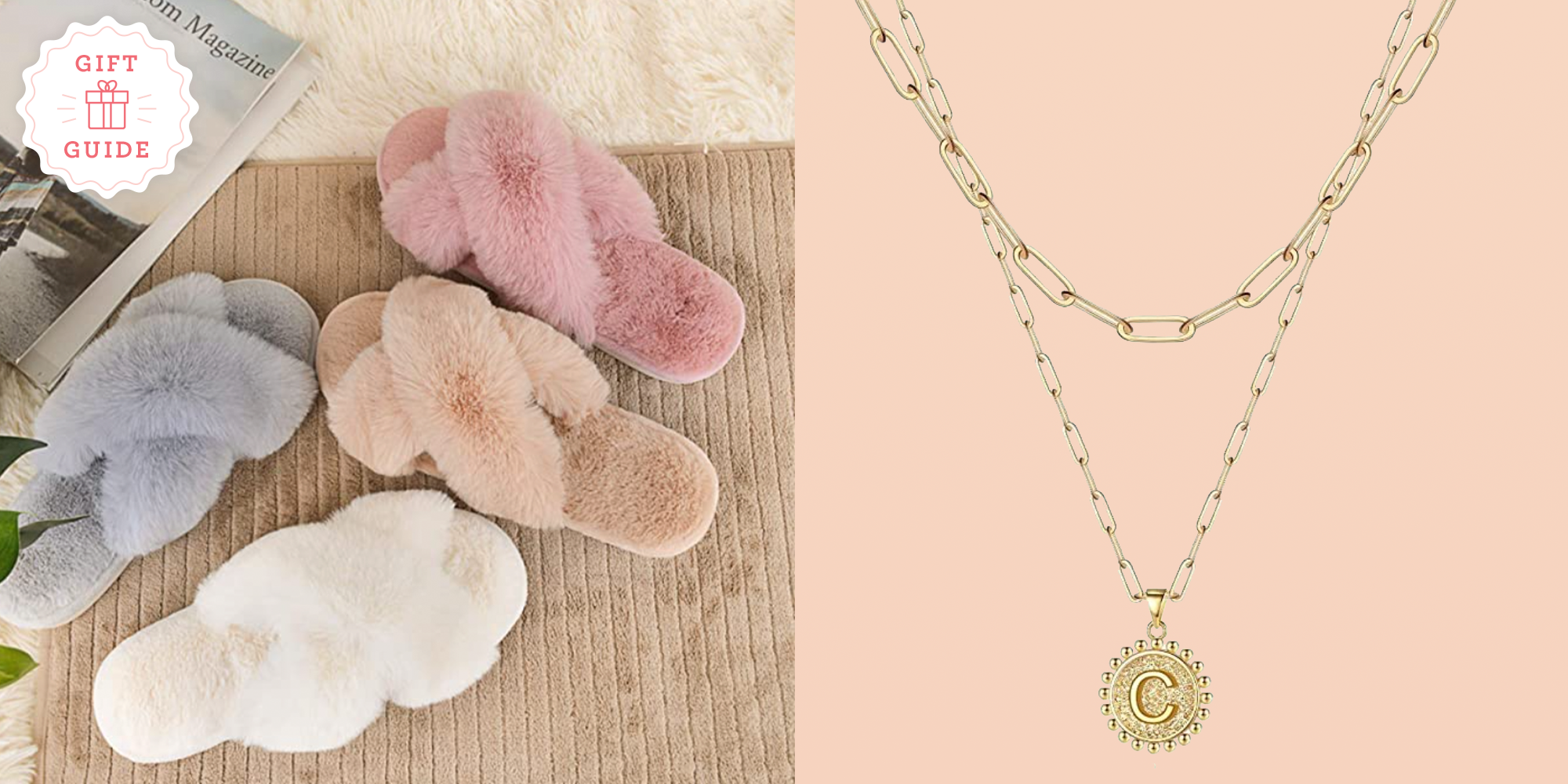Last-minute Christmas gifts: Crossband slippers and a layered initial necklace.
