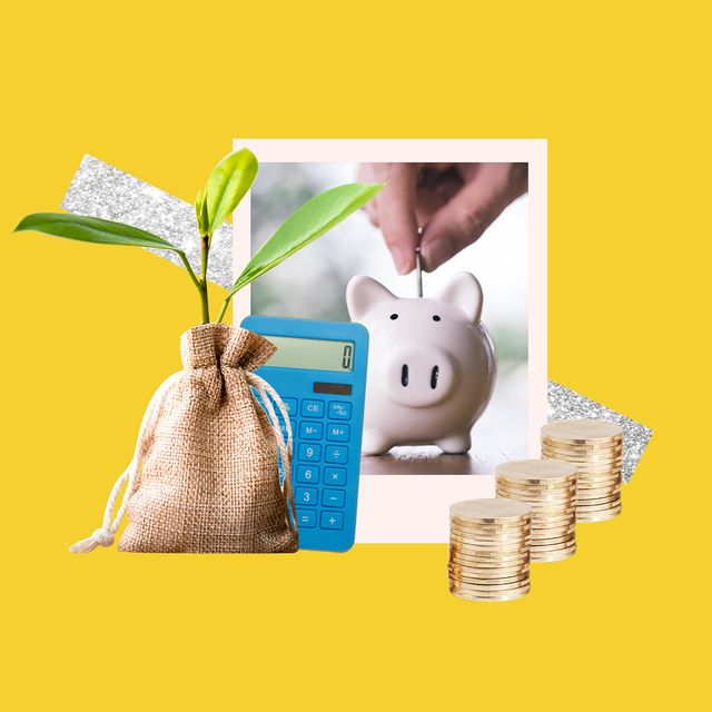 piggy bank, calculator, coins and a money bag