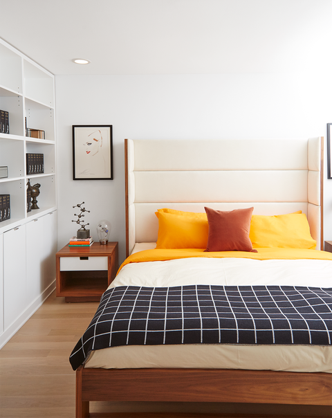 Bedroom, Furniture, Bed, Room, Interior design, Property, Yellow, Bed frame, Bed sheet, Orange, 