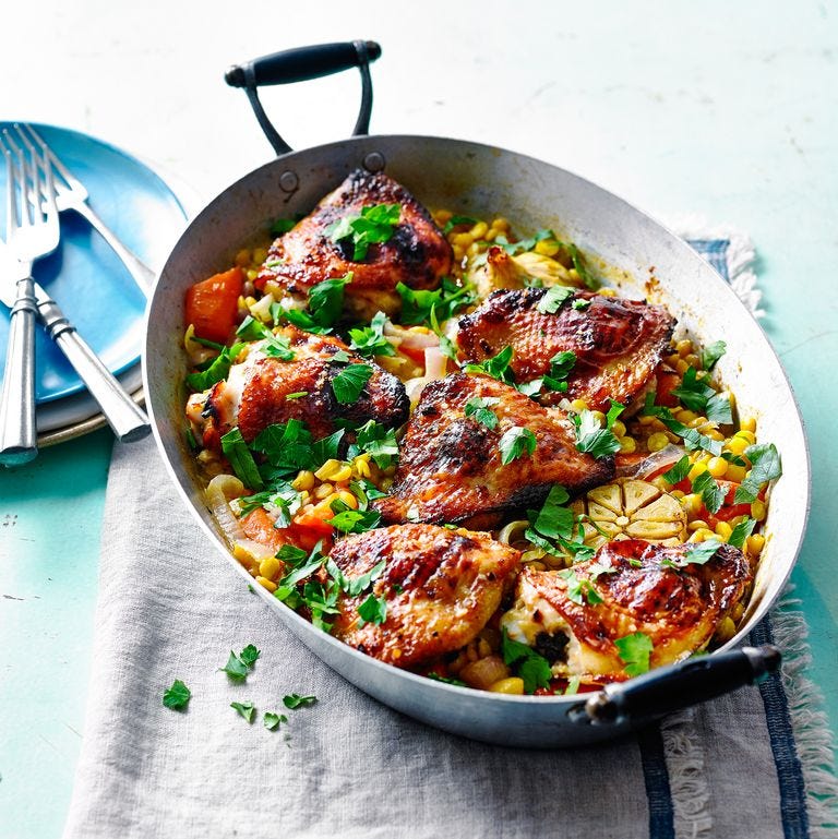 Saffron and Honey Chicken Thighs with Braised Split Pea Traybake