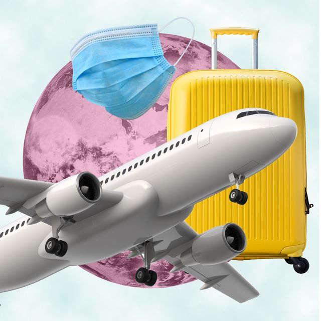 collage image with a plane, suitcase and face mask, with a globe in the background