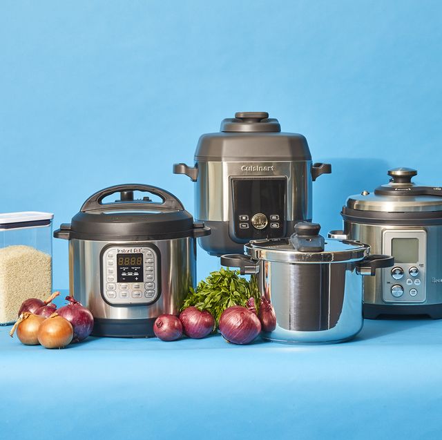 good housekeeping tested pressure cookers on blue background