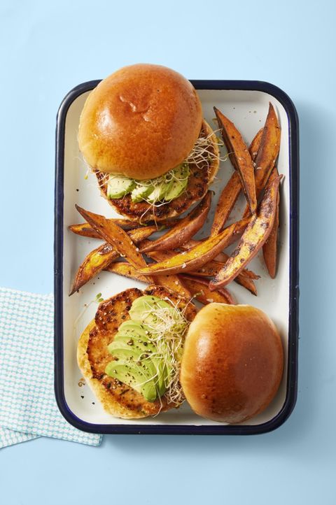 healthy salmon recipes - Salmon Burgers with Spiced Sweet Potato Fries