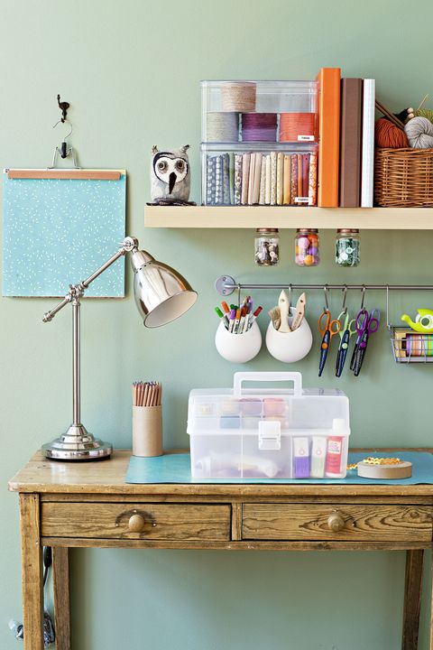 arts and crafts desk with shelf and hanging rack