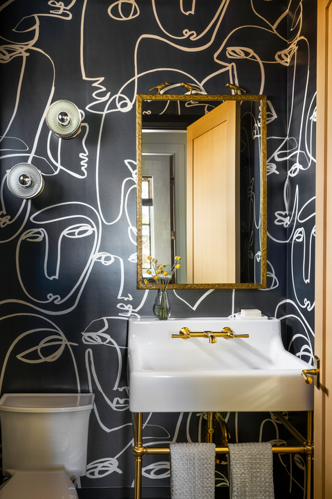 bathroom with black abstract wallpaper