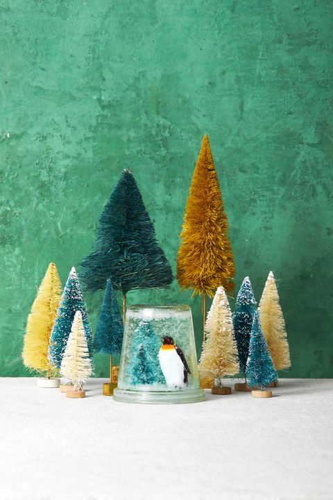 diy decor, christmas decor, holiday decor, make your own snow globe, penguin, bottle brush christmas trees