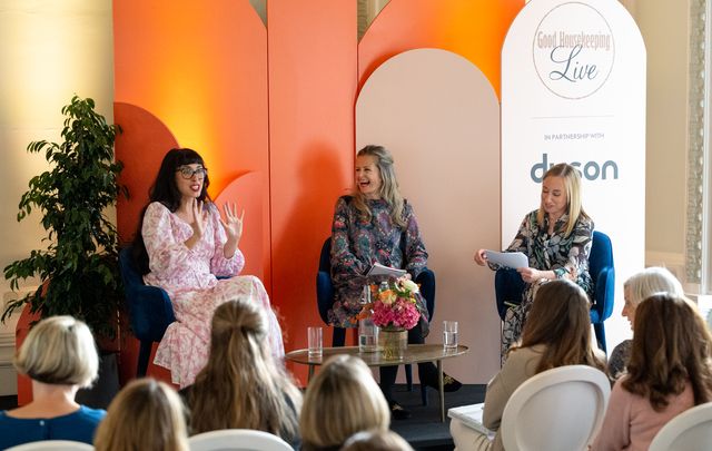 melissa hemsley, emilie martin and meike beck discuss on stage ‘how to have a sustainable kitchen’ at the good housekeeping live event in celebration of their 100th anniversary in london on saturday 15th october 2022