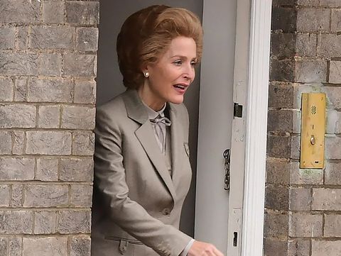 Gillian Anderson as Margaret Thatcher, filming for The Crown season 4