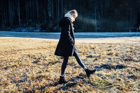 girl walks around in winter